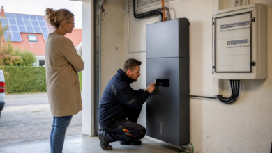 Elektriker nimmt einen Stromspeicher mit integriertem Wechselrichter in Betrieb [Bildinhalt mit KI erstellt]