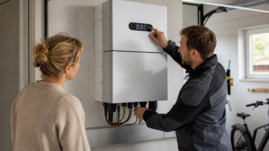 Servicetechniker nimmt einen neutralen All-in-one-Stromspeicher in Betrieb [Bildinhalt mit KI erstellt]