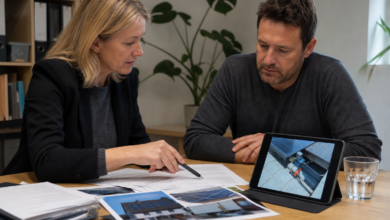 Verbraucherberaterin prüft mit einem Hausbesitzer Vertrag und Fotos einer Solaranlage [Bildinhalt mit KI erstellt]