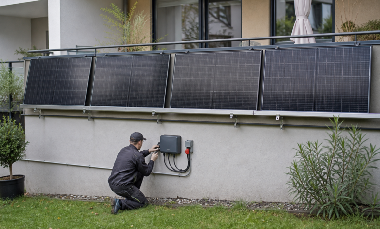 Elektriker nimmt ein Balkonkraftwerk mit vier Solarmodulen in Betrieb [Bildinhalt mit KI erstellt]