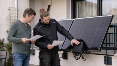 Installateur und Hausbesitzer bewerten ein Balkonkraftwerk mit 800 Watt [Bildinhalt mit KI erstellt]