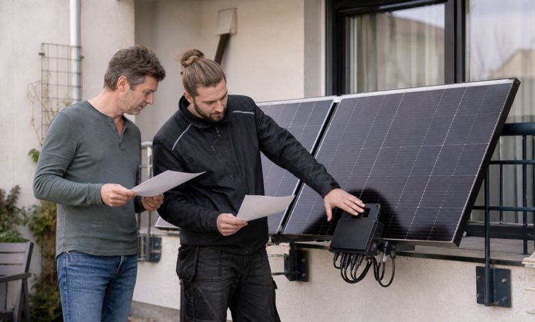 Installateur und Hausbesitzer bewerten ein Balkonkraftwerk mit 800 Watt [Bildinhalt mit KI erstellt]