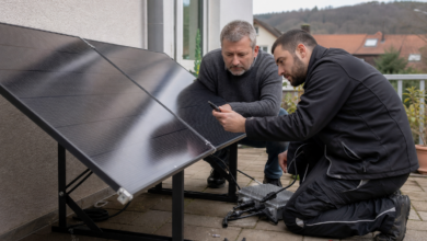 Techniker und Nutzer prüfen ein 820-Watt-Balkonkraftwerk nach längerer Nutzung [Bildinhalt mit KI erstellt]