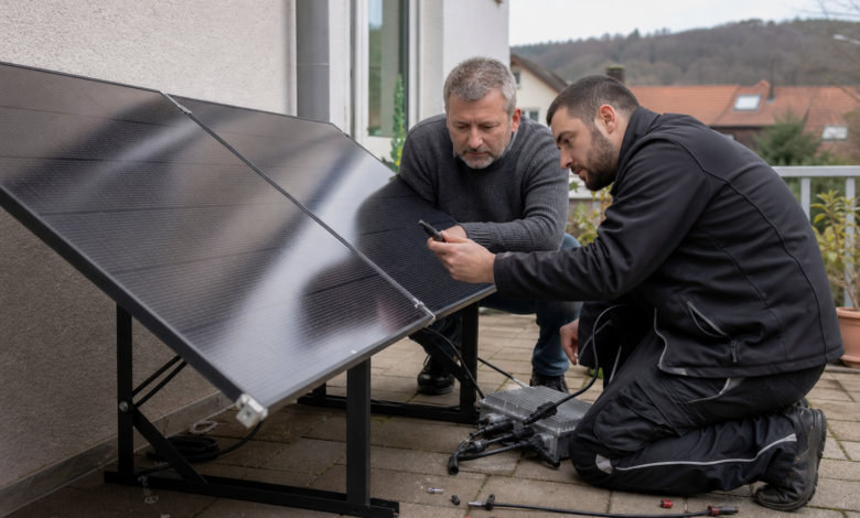Techniker und Nutzer prüfen ein 820-Watt-Balkonkraftwerk nach längerer Nutzung [Bildinhalt mit KI erstellt]