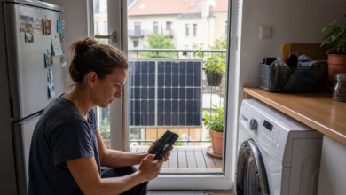 Bewohnerin nutzt Solarstrom vom Balkonkraftwerk für die Waschmaschine [Bildinhalt mit KI erstellt]