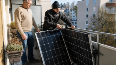 Installateur und Bewohner optimieren die Neigung eines Balkonkraftwerks für besseren Ertrag [Bildinhalt mit KI erstellt]