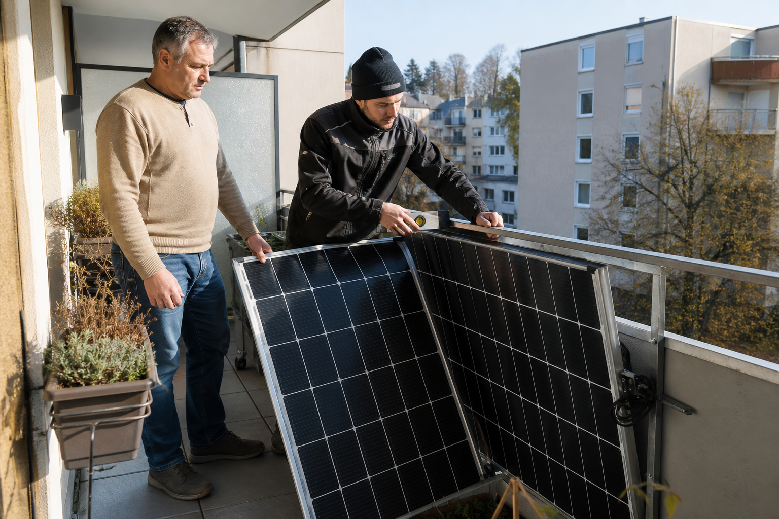 Installateur und Bewohner optimieren die Neigung eines Balkonkraftwerks für besseren Ertrag [Bildinhalt mit KI erstellt]