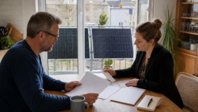 Energieberaterin erläutert die Förderung einer Balkon-Photovoltaikanlage [Bildinhalt mit KI erstellt]