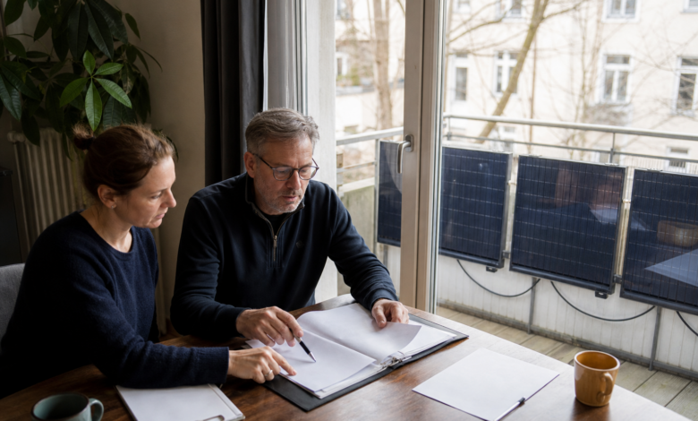 Hausbesitzer prüfen mit einem Energieberater die rechtlichen Vorgaben für ein Balkonkraftwerk [Bildinhalt mit KI erstellt]