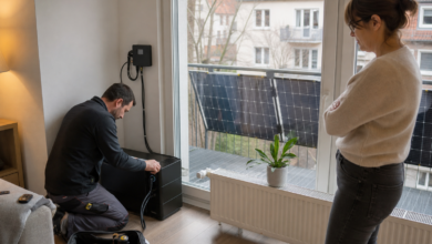 Installateur rüstet einen Batteriespeicher für ein Balkonkraftwerk nach [Bildinhalt mit KI erstellt]