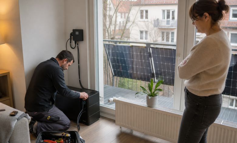 Installateur rüstet einen Batteriespeicher für ein Balkonkraftwerk nach [Bildinhalt mit KI erstellt]