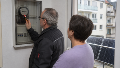 Elektriker prüft einen alten Stromzähler bei Betrieb eines Balkonkraftwerks [Bildinhalt mit KI erstellt]