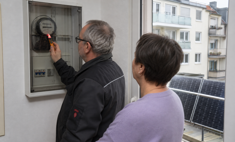 Elektriker prüft einen alten Stromzähler bei Betrieb eines Balkonkraftwerks [Bildinhalt mit KI erstellt]