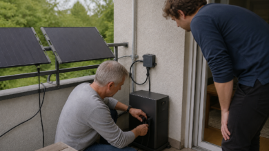 Installateur verbindet einen kompakten Speicher mit dem Wechselrichter eines Balkonkraftwerks [Bildinhalt mit KI erstellt]