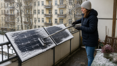 Bewohnerin entfernt sicher Schnee von den Modulen eines Balkonkraftwerks [Bildinhalt mit KI erstellt]