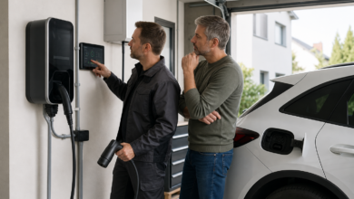 Elektriker erklärt einem Hausbesitzer eine bidirektionale Wallbox [Bildinhalt mit KI erstellt]