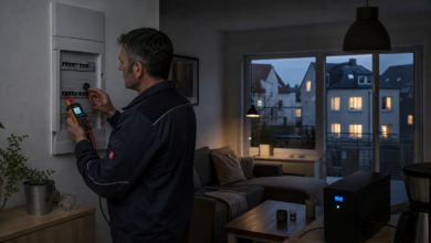 Elektriker prüft bei gedimmter Beleuchtung die Spannung im Hausnetz [Bildinhalt mit KI erstellt]