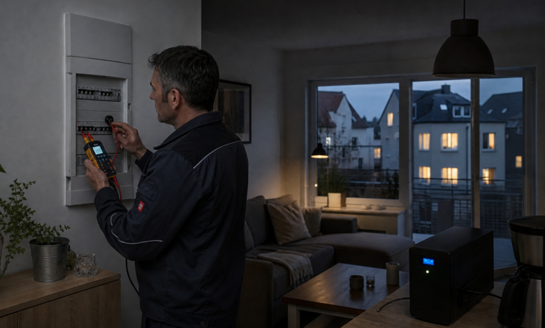 Elektriker prüft bei gedimmter Beleuchtung die Spannung im Hausnetz [Bildinhalt mit KI erstellt]