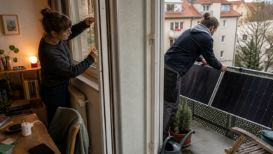 Bewohner setzen kleine Energiesparmaßnahmen und ein Balkonkraftwerk um [Bildinhalt mit KI erstellt]