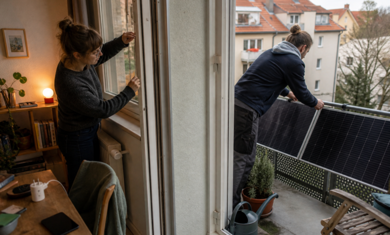 Bewohner setzen kleine Energiesparmaßnahmen und ein Balkonkraftwerk um [Bildinhalt mit KI erstellt]