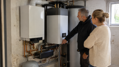 Heizungsfachmann prüft eine Gas-Hybrid-Heizung mit Wärmepumpe und Pufferspeicher [Bildinhalt mit KI erstellt]