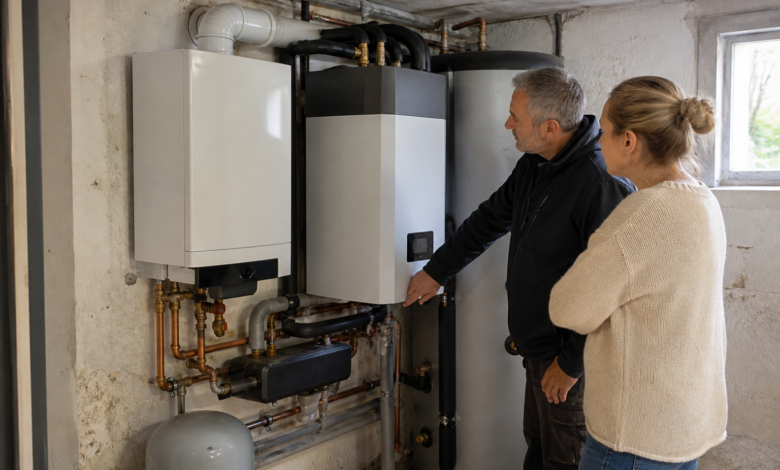 Heizungsfachmann prüft eine Gas-Hybrid-Heizung mit Wärmepumpe und Pufferspeicher [Bildinhalt mit KI erstellt]