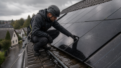 Solartechniker untersucht ein Photovoltaikmodul nach einem Hagelsturm [Bildinhalt mit KI erstellt]