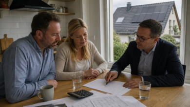 Hausbesitzer besprechen mit einem Berater die Finanzierung einer Immobilie [Bildinhalt mit KI erstellt]