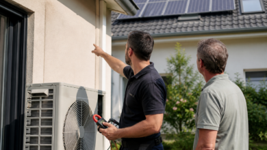 Klimatechniker prüft eine Klimaanlage neben einem Haus mit Photovoltaik [Bildinhalt mit KI erstellt]