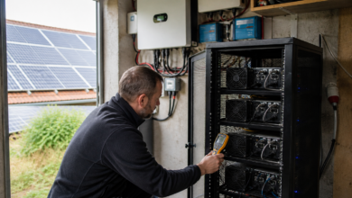 Techniker kontrolliert einen belüfteten Mining-Server mit Solarstromversorgung [Bildinhalt mit KI erstellt]