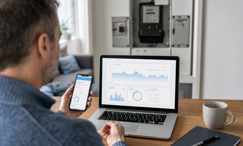 Hausbesitzer prüft Verbrauchsdaten im Kundenportal eines Energieanbieters [Bildinhalt mit KI erstellt]