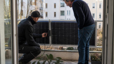 Installateur prüft die Befestigung eines leichten Balkon-Solarmoduls [Bildinhalt mit KI erstellt]