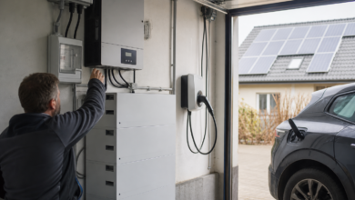 Elektriker prüft einen LFP-Speicher für Photovoltaikanlage und Elektroauto [Bildinhalt mit KI erstellt]