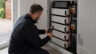 Techniker prüft einen modularen LiFePO4-Solarspeicher in einem belüfteten Schrank [Bildinhalt mit KI erstellt]