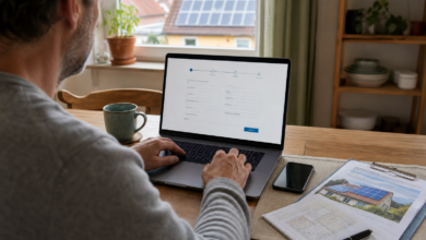 Hausbesitzer füllt am Laptop die Online-Anmeldung seiner Photovoltaikanlage aus [Bildinhalt mit KI erstellt]