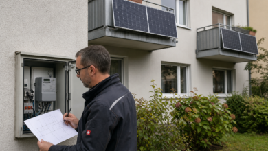 Elektriker prüft zwei Balkonkraftwerke an einem gemeinsamen Stromzähler [Bildinhalt mit KI erstellt]