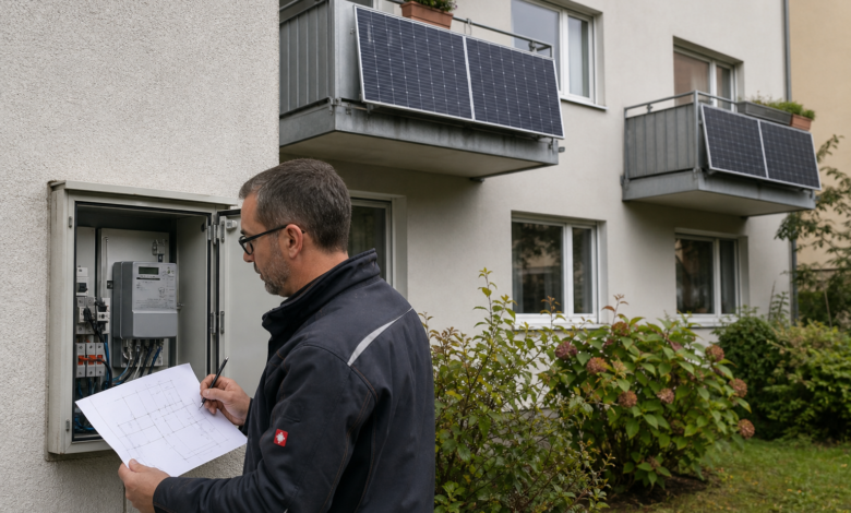 Elektriker prüft zwei Balkonkraftwerke an einem gemeinsamen Stromzähler [Bildinhalt mit KI erstellt]
