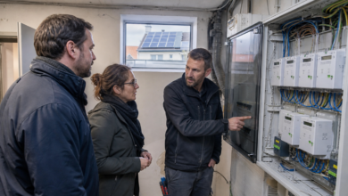 Vermieter, Mietervertretung und Elektriker besprechen die Zähler für PV-Mieterstrom [Bildinhalt mit KI erstellt]