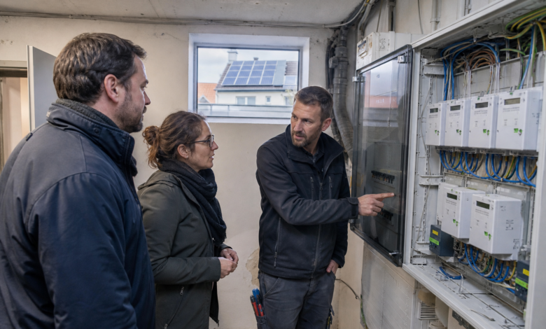 Vermieter, Mietervertretung und Elektriker besprechen die Zähler für PV-Mieterstrom [Bildinhalt mit KI erstellt]