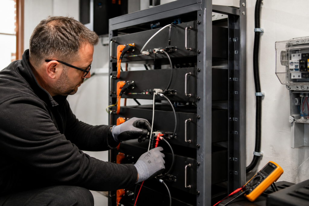 Techniker prüft einen modularen 48-Volt-Batteriespeicher im Metallrack [Bildinhalt mit KI erstellt]