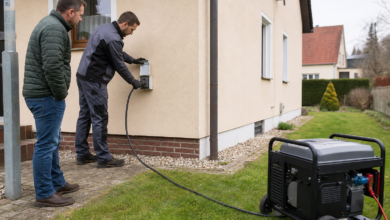 Elektriker verbindet ein Notstromaggregat sicher über einen Außenanschluss mit dem Hausnetz [Bildinhalt mit KI erstellt]