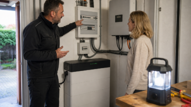 Elektriker erklärt ein Notstromsystem mit Hausspeicher und separatem Stromkreis [Bildinhalt mit KI erstellt]