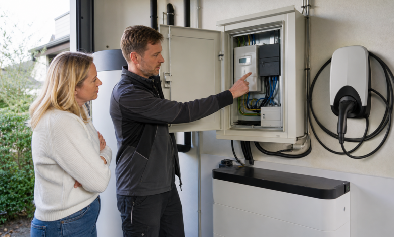 Elektriker erklärt die Steuerung von Wärmepumpe, Wallbox und Stromspeicher [Bildinhalt mit KI erstellt]
