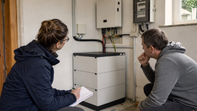 Hausbesitzer und Energieberaterin bewerten einen preisgünstigen Photovoltaik-Akku [Bildinhalt mit KI erstellt]
