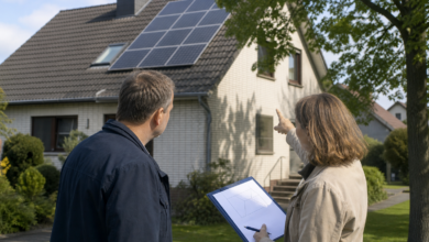Energieberaterin bewertet Dachausrichtung und Verschattung eines Einfamilienhauses [Bildinhalt mit KI erstellt]