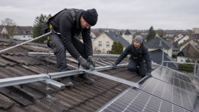 Solarinstallateure messen den Neigungswinkel der Montageschienen auf einem Dach [Bildinhalt mit KI erstellt]