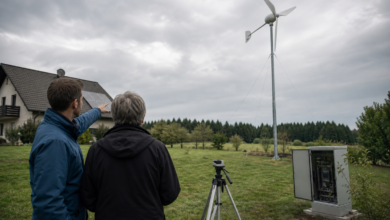 Energieberater und Hausbesitzer bewerten eine private Kleinwindkraftanlage [Bildinhalt mit KI erstellt]