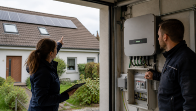 Fachleute prüfen Wechselrichter und Dachfläche für die Erweiterung einer PV-Anlage [Bildinhalt mit KI erstellt]
