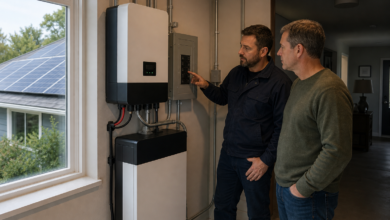 Elektriker prüft die Ersatzstromfunktion einer Photovoltaikanlage mit Batteriespeicher [Bildinhalt mit KI erstellt]