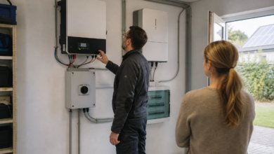 Elektriker prüft eine PV-Inselanlage mit Batterie und Netzumschalter [Bildinhalt mit KI erstellt]